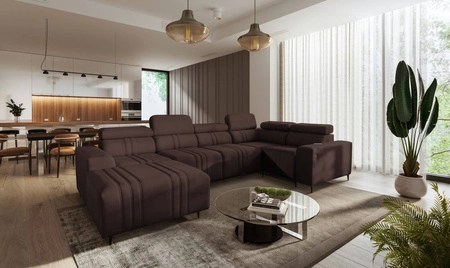 Ecksofa mit Schlaffunktion Castel IV braun linksseitig stilvolles Ecksofa mit Bettzeugcontainer und verstellbaren Kopfstützen
