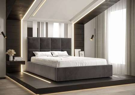 Polsterbett Aresa 140x200 mit Aufbewahrung Grau Modernes skandinavisches Stilbett mit bequemem Kopfteil