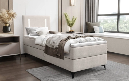 Boxspringbett Norco 90x200 ecru stilvolles Bett mit Bettwäsche Container Beleuchtung im Kopfteil macht es einzigartig