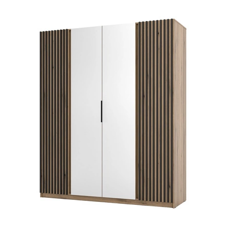 Spiegelschrank Kastano XII 200 cm Eiche evozieren stilvolles Design Kleiderschrank Tür mit schwarzen Lamellen ideal für Schlafzimmer verziert