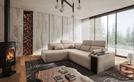 Ecksofa mit Schlaffunktion Tesalia VII beige links modernes Design komfortable Schiebelehne Schublade in der Seite des Möbels