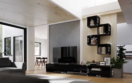 Nemea schwarz / schwarz glänzend universelle und stilvolle Schrankwand für das Wohnzimmer minimalistisches Design in einer modernen Umgebung