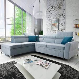 Ecksofa mit Schlaffunktion Rava III blaues Linkshändersamt komfortables Ecksofa mit verstellbaren Kopfstützen und Bettzeugcontainer