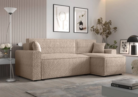 Ecksofa mit Schlaffunktion Brandon Bis beige rechte Seite weicher Stoff mit charakteristischer Schlingenoberfläche Bettzeugbehälter