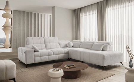 Ecksofa mit Schlaffunktion Penejos IX Esche grau rechts Ecksofa mit Bettzeugcontainer komfortable verstellbare Kopfstützen