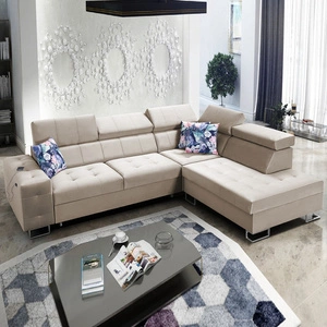 Ecksofa mit Schlaffunktion Hampton VII beige rechtsseitiges Ecksofa für Zimmer aus Samtstoff mit glatter Oberfläche