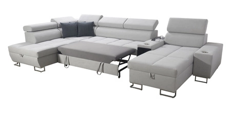 Ecksofa mit Schlaffunktion Dafni V hellbeige Rechtshänder-Ecksofa aus Samt mit verstellbaren Kopfstützen