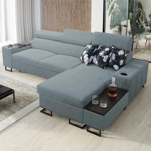 Ecksofa mit Schlaffunktion Flavio arctic blue rechts bequemes elegantes Ecksofa mit einer seitlich zu öffnenden Verlängerungsstange des Möbels