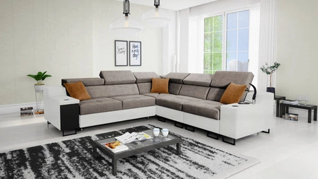 Ecksofa mit Schlaffunktion Alcamo III grau-braun/weiß rechts Funktions-Ecksofa mit Schublade in der Seite zwei Behälter für Bettzeug