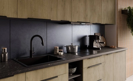 Küchenmöbel Set Corsico 300 cm elegante Küchenschränke mit Metallkantengriffen Schrank mit Ladekorb