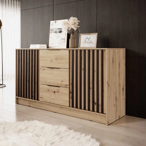Kommode mit Schubladen Aspen 155 cm Eiche Artisan / Schwarze Lamellen modernes Design Schranktüren der Kommode mit dekorativen Lamellen