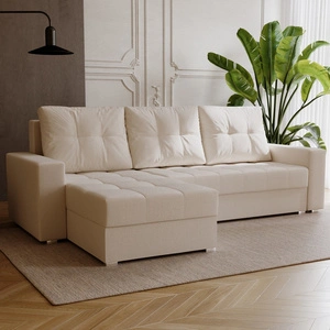 Ecksofa mit Schlaffunktion Pablos hellbeige Universal-Ecksofa mit einem Bettzeug-Container und dekorativer Steppung auf der Sitzfläche