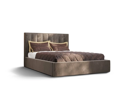 Polsterbett Rinus 140x200 mit Aufbewahrung Hellbraun Modernes skandinavisches Stilbett mit bequemem Kopfteil