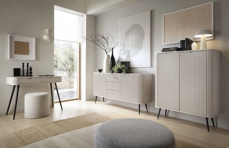 TV Schrank Zoya 168 cm beige modernes Design massive Metallbeine geriffelte Front charakteristische ovale Form