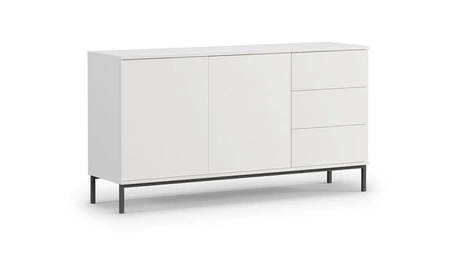 Tutti-Möbel-Set in weißer, schlichter Form eines Hängeschranks auf schwarzem Metallsockel mit grifflosem Push-to-Open-System