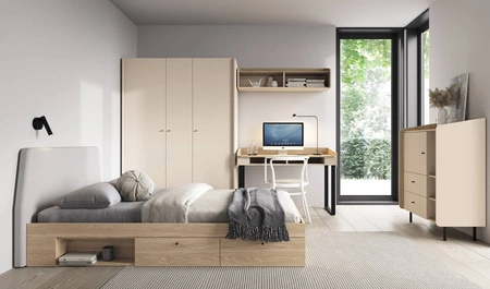 Kleiderschrank Olivio 145 cm sandbeige/geölte Eiche modernes Design schwarze Griffe ABS-Finish