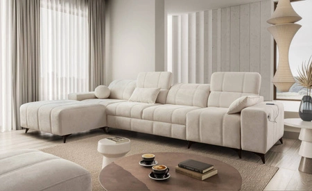 Ecksofa mit Schlaffunktion Penejos XII cremefarben linksseitig stilvolles Ecksofa mit Bettzeugcontainern komfortable verstellbare Kopfstützen
