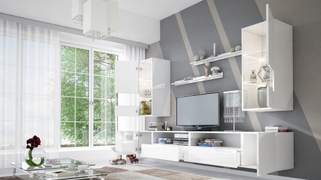 Parga weiß / weiß glänzend universelle Schrankwand für das Wohnzimmer mit einem leichten Design passt perfekt in jedes Interieur