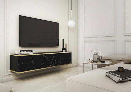 TV-Lowboard Luxury 135 cm Schwarzer Marmor Begeistert Liebhaber eleganter Arrangements Korpus verziert mit einer goldenen Leiste dekorative Marmoroberfläche