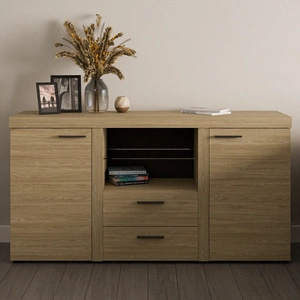 Kommode mit Schubladen Rene 156 cm Eiche geölt elegant und vielseitig Kommode Stil für Wohnzimmer geschmackvolle schwarze Griffe