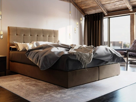 Boxspringbett Widnes 140x200 hellbraunes Bett im modernen skandinavischen Stil mit markantem Kopfteil