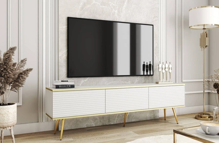 TV-Schrank Luxury 175 cm weiß elegantes Design stilvolle geriffelte Front Korpus mit goldenen Zierleisten goldenen Metallbeinen gekrönt