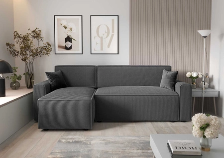 Ecksofa mit Schlaffunktion Brandon Bis grau linke Ecke dreidimensionaler Stoff mit ausdrucksstarken Streifen Bettzeug Container