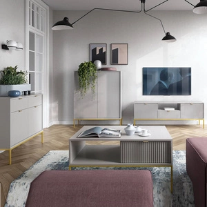Lovro Möbel Set grau modernes Design Schrankwand für Wohnzimmer oder Boardroom Möbel angereichert mit goldenen Metall-Accessoires