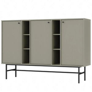 Kommode Kioto III 158 cm Eukalyptus modernes Design subtile Griffe einfache Form mit schwarzem Metallrahmen bereichert