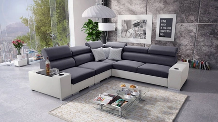 Ecksofa mit Schlaffunktion Provo III graphit / weiß linkes Ecksofa mit Bettzeugablage und verstellbaren Kopfstützen