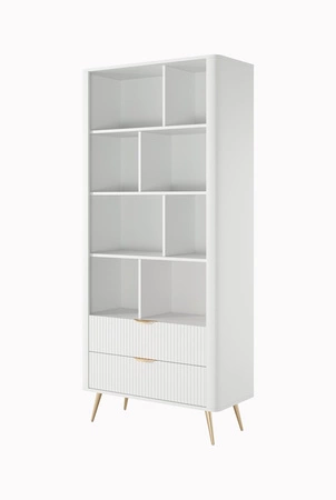 Bücherregal Lante 88 cm weiß elegantes Bücherregal mit Schubladen Designer Riffelung auf Fronten Metallkantengriffe