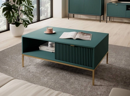 Couchtisch Lovro pastellgrün mit Schubladen modernes Design auslaufsichere Platte goldene Metallbeine