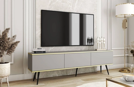 TV-Schrank Luxury 175 cm Korpus in grauem, elegantem Design mit goldener Zierleiste Schrank auf schwarzen Metallfüßen