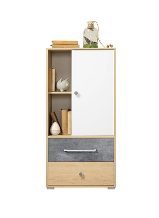 Bücherregal Cary 60 cm Biskuit Eiche / weiß / Beton ideal für das Jugendzimmer sehr nützlich hat einen modernen Look Bücherregal mit Schubladen