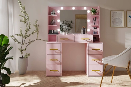 Schminktisch Adel 110 cm Puderrosa mit LED-Beleuchtung Schminktisch mit Spiegel im Glamour-Stil geräumige Schubladen Metallgriffe