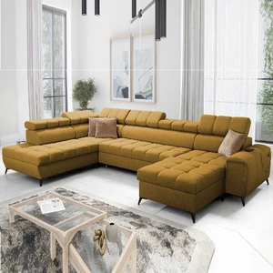 Ecksofa mit Schlaffunktion Bolmso VI Senf rechts komfortables Ecksofa mit verstellbaren Kopfstützen dekorative Steppung auf der Sitzfläche