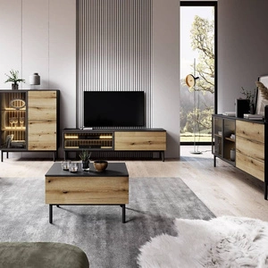 Clovis Möbelset schwarz / Eiche evozieren unkonventionelles Design Push to open System Glasfronten Leisten im Inneren der Schrankwand