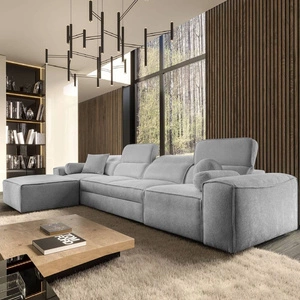 Ecksofa mit Schlaffunktion Viano XII hellgrau linke Seite stilvolles Ecksofa mit interessanter Form verstellbare Kopfstützen Zierkissen