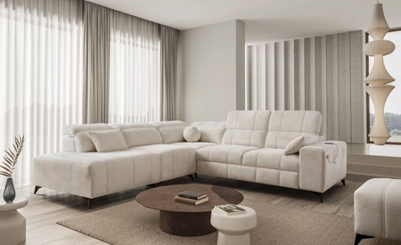 Ecksofa mit Schlaffunktion Penejos IX creme linke Seite stilvolles Ecksofa mit Bettzeugcontainern komfortable verstellbare Kopfstützen