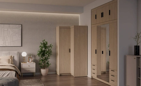 Eck-kleiderschrank Rene Eiche geölt stilvolles Design ABS Einfassung Schlafzimmer Schrankfronten in matt schwarzer Ausführung Griffe