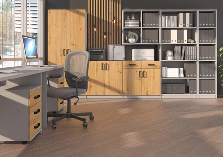 Makana Bücherregal mit Türen hellgrau / Eiche handwerkliches Funktionsmöbel für das Büro, Arbeitszimmer oder Jugendzimmer