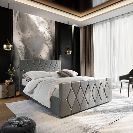 Polsterbett Tifton 140x200 hellgrau mit Stauraum im modernen Stil mit markantem Kopf- und Fußteil mit Kristallen veredelt