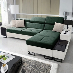 Ecksofa mit Schlaffunktion Alcamo grün/weiß rechts elegantes und stilvolles Ecksofa mit einer ausziehbaren praktischen Schublade an der Seite des Möbels