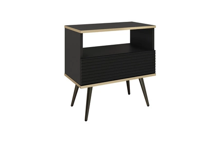 Nachttisch mit Schublade Luxury schwarzer eleganter Designschrank mit Goldverzierung Schrank mit geriffelter Front schwarze hohe Beine
