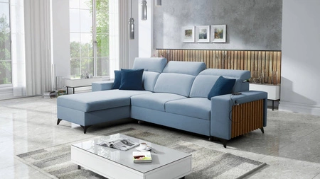 Ecksofa mit Schlaffunktion Kelly blau Linkshand Samt Komfort und Funktionalität Seite der Ecke mit Latten beendet