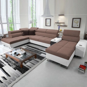 Ecksofa mit Schlaffunktion Dafni V hellbraun / weiß rechts geflochten bequemes und komfortables Ecksofa mit verstellbaren Kopfstützen