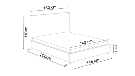 Reus 140x200 schwarz gepolstertes Bett mit Kopfteil im modernen Stil ideal für Schlafzimmer