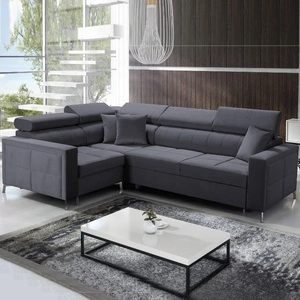 Nausa II Ecksofa mit Schlaffunktion in Graphit links Samt Ziernähte auf der Sitzfläche Ecksofa mit einem Koffer für Bettzeug