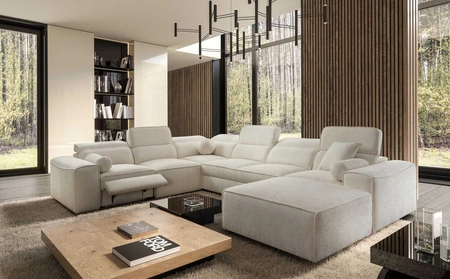 Ecksofa mit Schlaffunktion Viano VIII Lux creme rechts Design-Ecksofa mit ausziehbarem Fußteil Bettzeug-Container