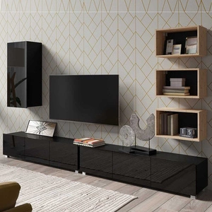 Apulia XXXVI schwarz glänzend / Eiche artisan Eine außergewöhnlich stilvolle Schrankwand mit schlichten Möbelstücken, die sich in jede Einrichtung einfügt